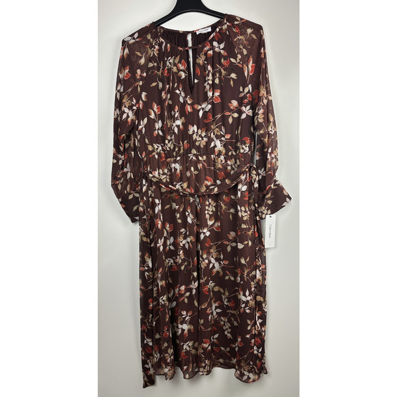 NWT Calvin Klein Floral Keyhole Maxi Dress Size 14 Burgundy Boho Peasant Folk - Picture 11 of 12